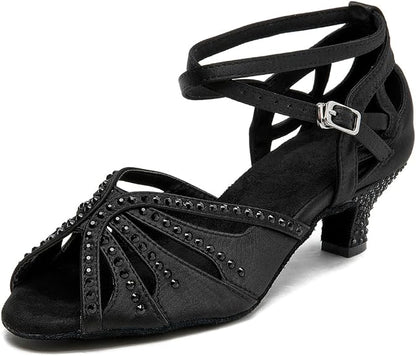 Women’s Ballroom Latin Salsa Dance Shoes, 2-Inch Low Heel, Comfortable with Rhinestones, Suede Sole, Lightweight, for Beginners, Practice, Social & Party