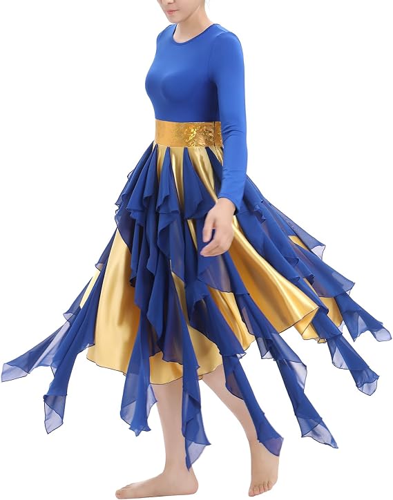 Metallic Praise Dance Dress for Women Asymmetrical Ruffle Overlay Liturgical Lyrical Worship Costume