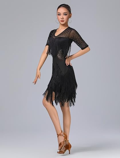 Rhinestones Layered Fringe Dress Ballroom Latin Dance Dress for Women Tassel Flapper Dresses Salsa Dancing Costume