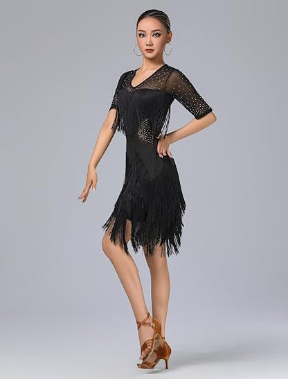 Rhinestones Layered Fringe Dress Ballroom Latin Dance Dress for Women Tassel Flapper Dresses Salsa Dancing Costume