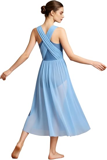 Lyrical Dance Dress for Women Flowy Overlay Draped Sleeveless Criss Cross Dancing Costume