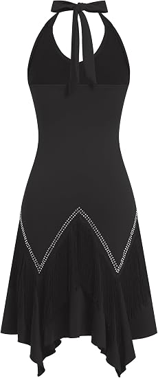 Women Halter Rhinestone Fringe Latin Dance Flapper Dress
