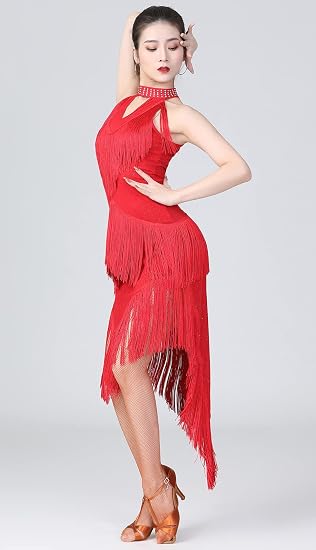 Women's Ballroom Latin Tango Salsa Dance Dress High Low Swallowtail Fringe Skirt Costume with Shorts