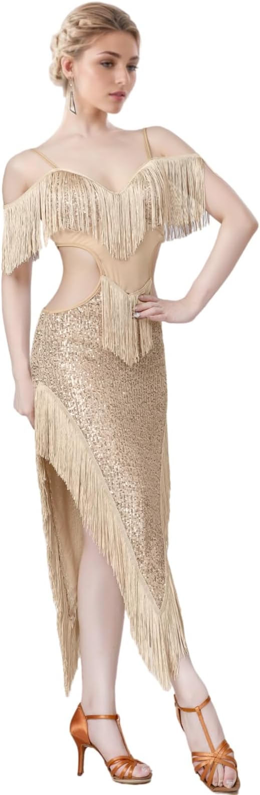 Sequin Fringe Latin Dance Dress, Mesh & Glitter Salsa Dresses for Women, Shimmery Party Skirts
