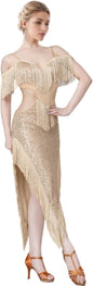 Sequin Fringe Latin Dance Dress, Mesh & Glitter Salsa Dresses for Women, Shimmery Party Skirts