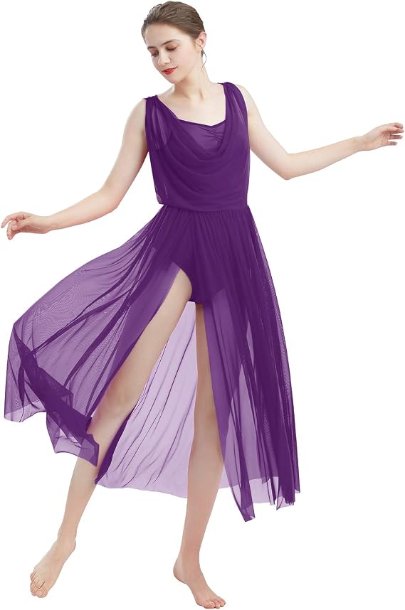 Women Lyrical Modern Contemporary Dance Costume Leotard V-Neck Backless Split Tulle Skirt Flowy Overlay Dress