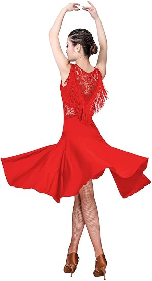 Ballroom Dance Dresses for Women Fringed Lace Back Salsa Latin Dance Dress with Shorts (5 Colors)