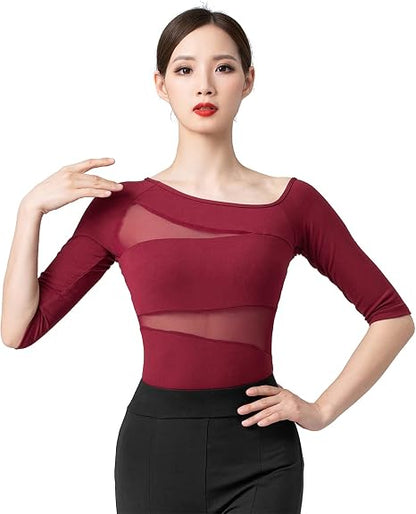 Women's Dance Tops for Women Sexy Oblique Shoulder 1/2 Sleeve Ballroom Latin Yoga Crop Tops Shirt