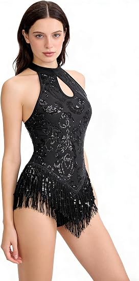 Womens Sequin Fringe Bodysuit / Latin Jazz Dance Costume