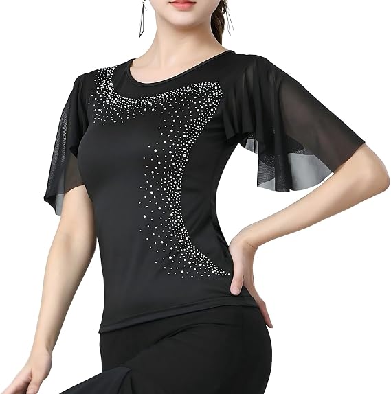 Womens Latin Dance Costume Rhinestone Flared Sleeves Stage Performance Ballroom Dancing Tops