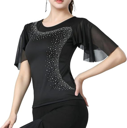 Womens Latin Dance Costume Rhinestone Flared Sleeves Stage Performance Ballroom Dancing Tops