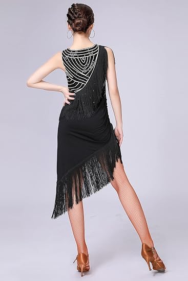 Women's Latin Salsa Tango Dancewear Sequin Asymmetry Fringe Dance Dress