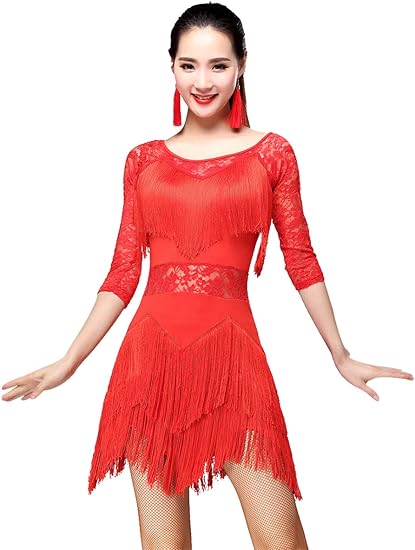 Women's Fringed Ballroom Costume Lace Round Neck 1/2 Sleeve Tango Salsa Latin Dance Dress with Shorts