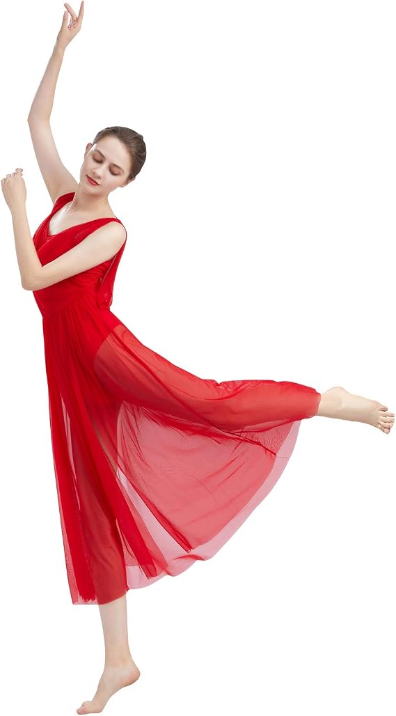Women Lyrical Modern Contemporary Dance Costume Leotard V-Neck Backless Split Tulle Skirt Flowy Overlay Dress