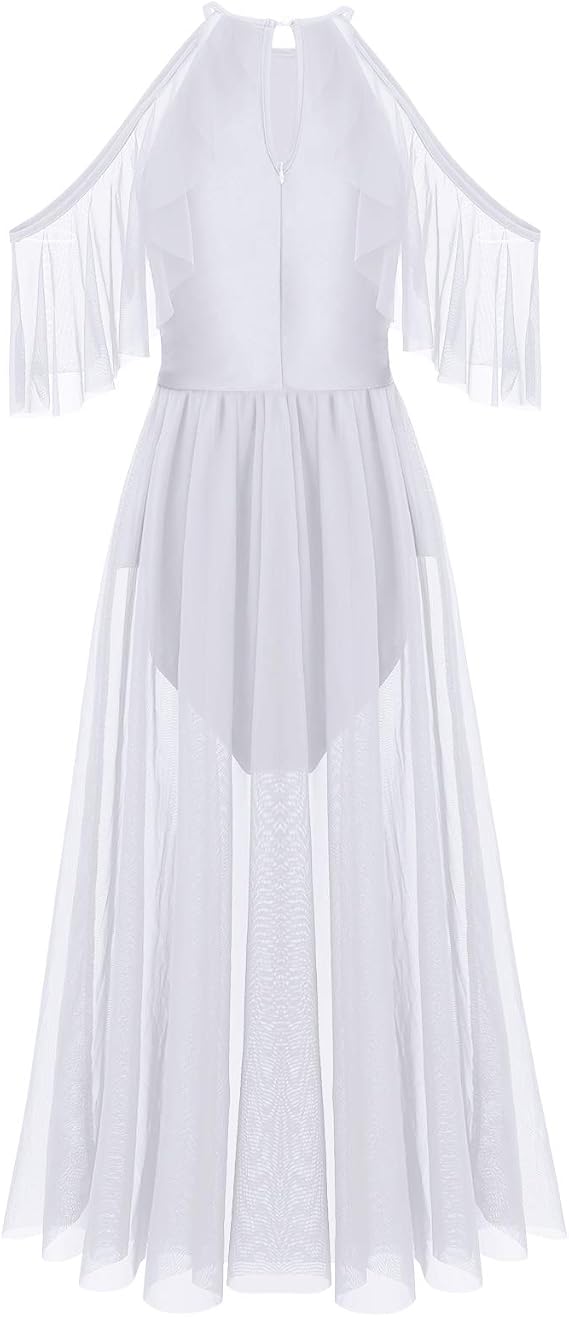 Women Lyrical Dance Costume Shiny Criss Cross Spaghetti Strap Full Circle Mesh Tulle Long Dress with Brooch Pin