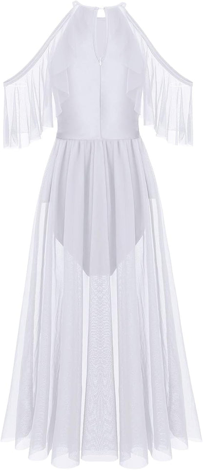Women Lyrical Dance Costume Shiny Criss Cross Spaghetti Strap Full Circle Mesh Tulle Long Dress with Brooch Pin