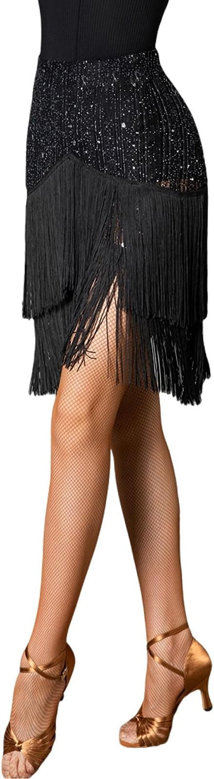 Women Black Latin Dance Skirt Practice Wear Tassel Short Skirt Professional Performance Skirt