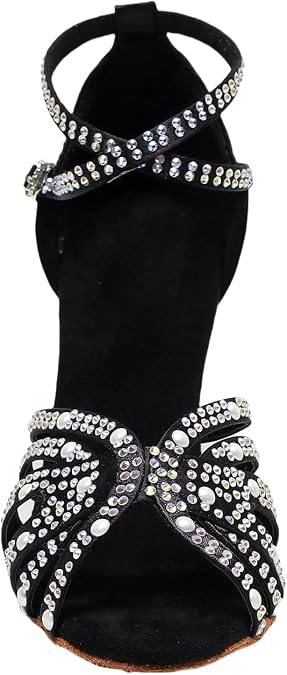 Women's Rhinestone Latin Dance Shoes - Comfortable Satin Salsa Bachata Heels for Wedding Party Performance & Practice (3'' Heel)