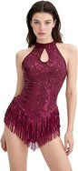 Womens Sequin Fringe Bodysuit / Latin Jazz Dance Costume