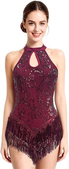 Women Halter Rhinestone Fringe Latin Dance Flapper Dress