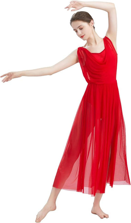 Women Lyrical Modern Contemporary Dance Costume Leotard V-Neck Backless Split Tulle Skirt Flowy Overlay Dress