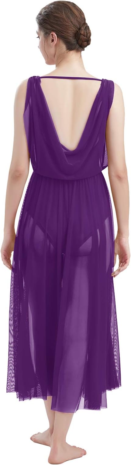 Women Lyrical Modern Contemporary Dance Costume Leotard V-Neck Backless Split Tulle Skirt Flowy Overlay Dress