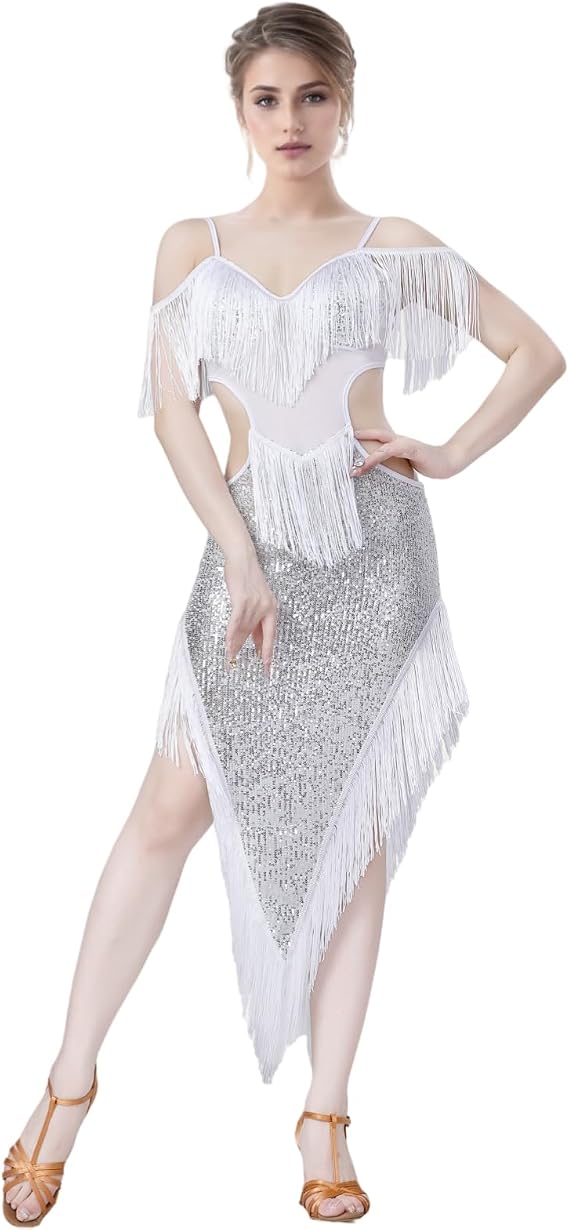 Sequin Fringe Latin Dance Dress, Mesh & Glitter Salsa Dresses for Women, Shimmery Party Skirts