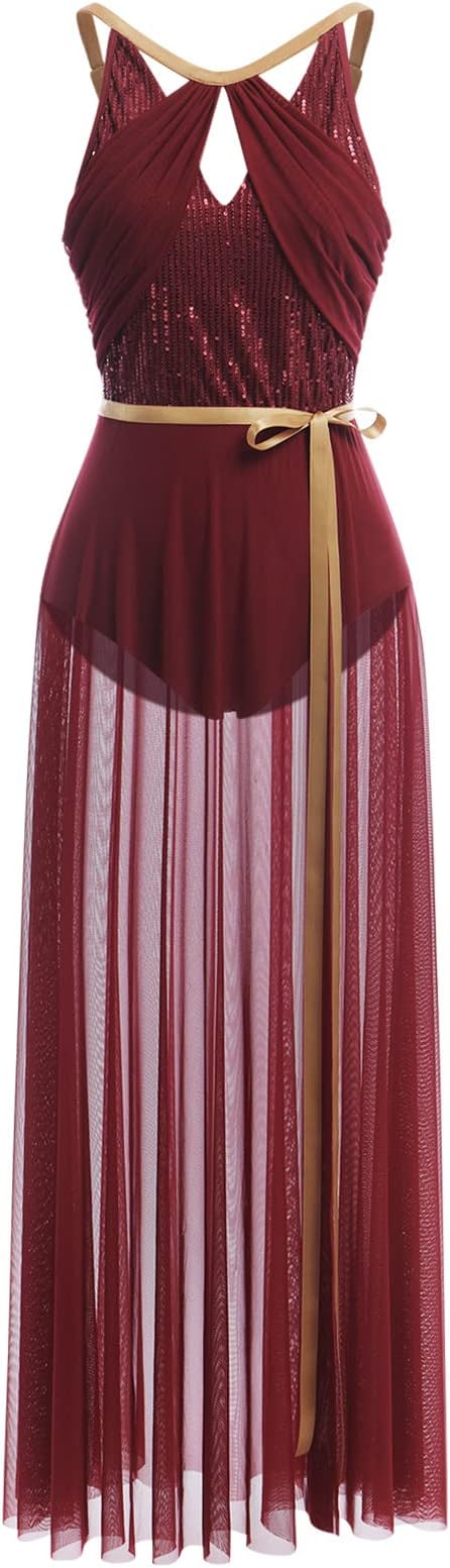 Lyrical Dance Costume for Women Lace Sleeveless Leotard Sheer Flowy Long Wrap Skirt 2pcs Outfit