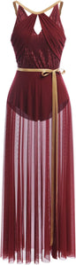 Lyrical Dance Costume for Women Lace Sleeveless Leotard Sheer Flowy Long Wrap Skirt 2pcs Outfit
