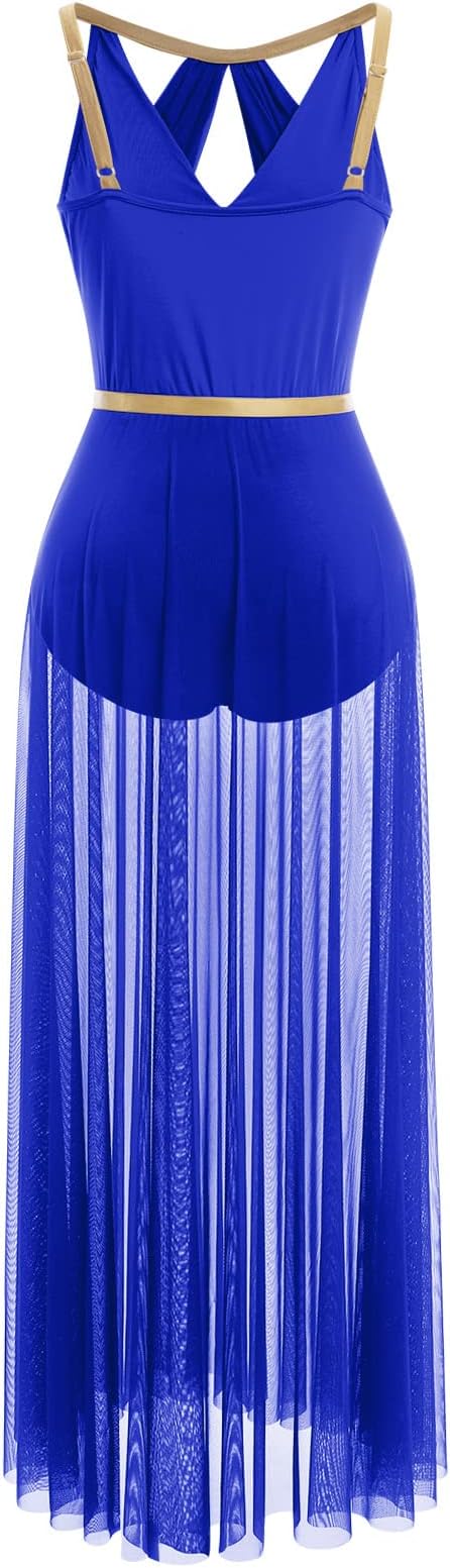 Lyrical Dance Costume for Women Lace Sleeveless Leotard Sheer Flowy Long Wrap Skirt 2pcs Outfit