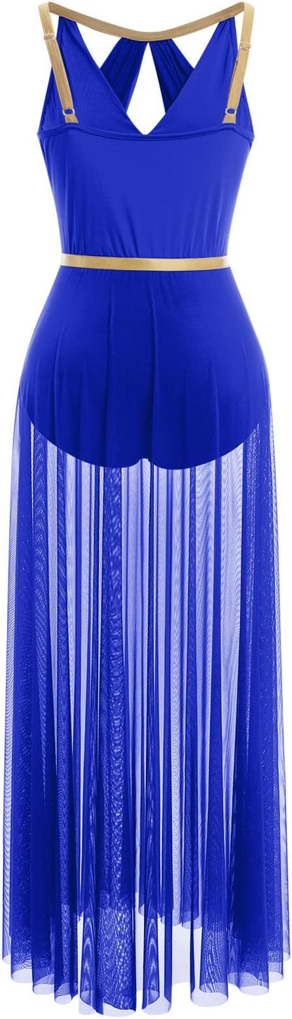 Lyrical Dance Costume for Women Lace Sleeveless Leotard Sheer Flowy Long Wrap Skirt 2pcs Outfit