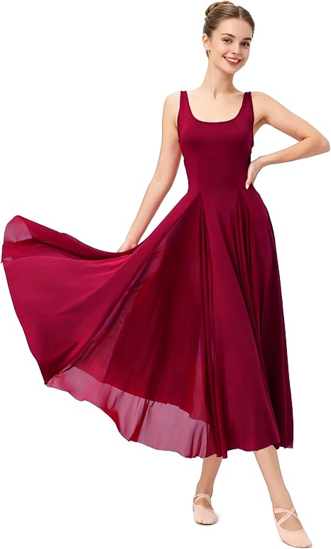 Women's U Neck Sleeveless Lyrical Dance Dress Contemporary Ballet Costume Flowy Tulle Skirt with Shorts