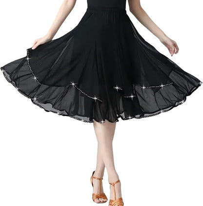 Latin Dance Skirt Modern Dance Big Swing Skirt Ballroom Dance Mesh Sequins Performance Costume