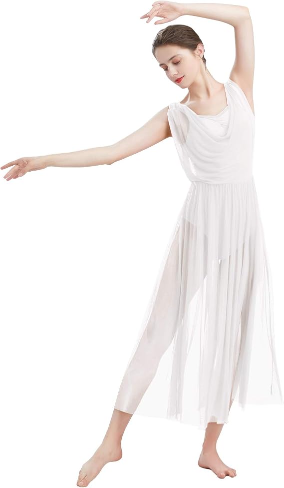 Women Lyrical Modern Contemporary Dance Costume Leotard V-Neck Backless Split Tulle Skirt Flowy Overlay Dress
