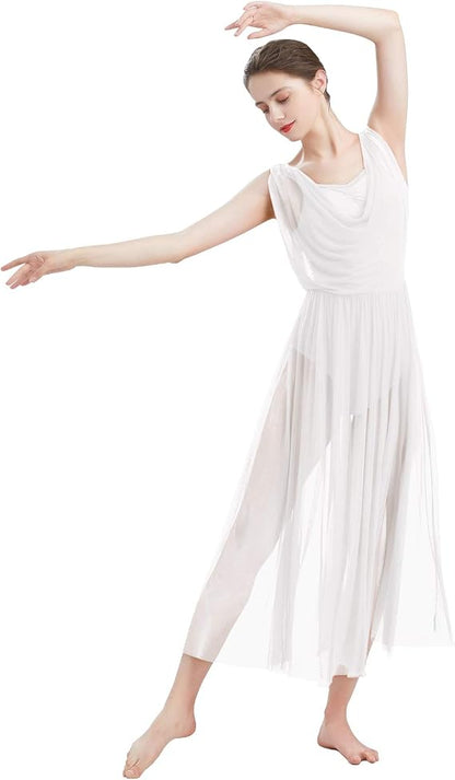 Women Lyrical Modern Contemporary Dance Costume Leotard V-Neck Backless Split Tulle Skirt Flowy Overlay Dress