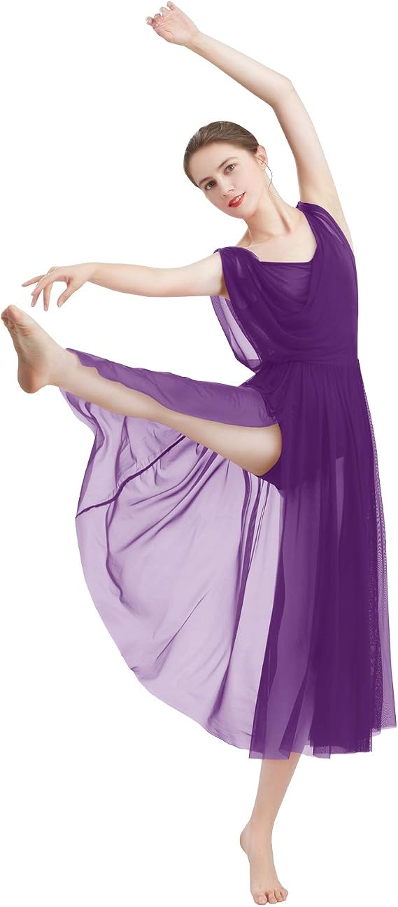 Women Lyrical Modern Contemporary Dance Costume Leotard V-Neck Backless Split Tulle Skirt Flowy Overlay Dress