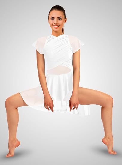 Women Lyrical Dance Costume Dress Contemporary Water Drop Hollow Back Front Crossover Mesh Asymmetrical Skirt