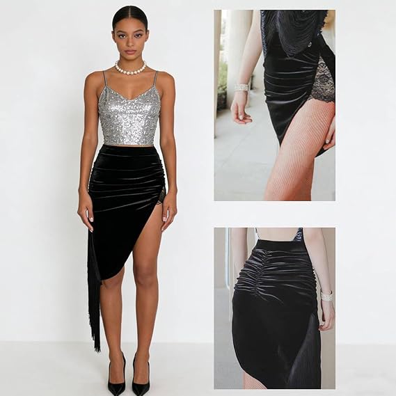 Black Skirt with Slit Asymmetrical Latin Dance Skirt with Shorts Salsa Ballroom Dance Clothes