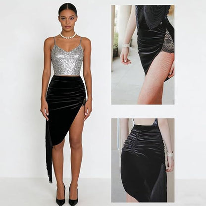 Black Skirt with Slit Asymmetrical Latin Dance Skirt with Shorts Salsa Ballroom Dance Clothes