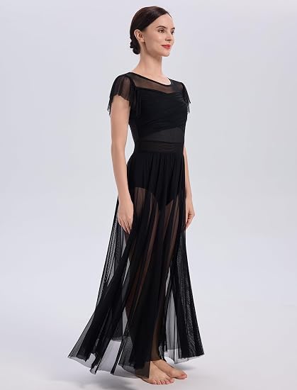 Lyrical Dance Costume for Women Mesh Ruffle Cutout Lyrical Dress Flowy Tulle Skirt Contemporary Dance Costumes XS-XL