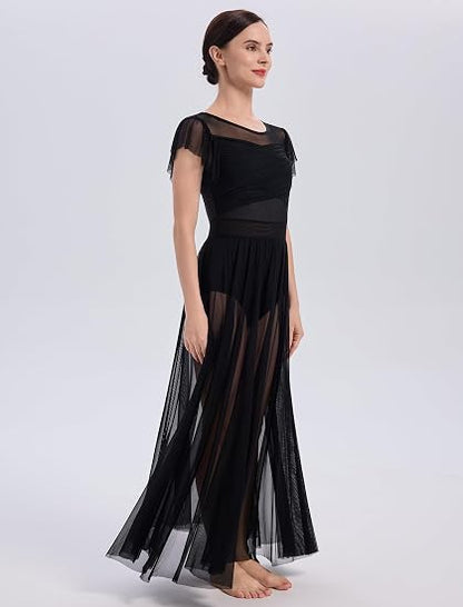 Lyrical Dance Costume for Women Mesh Ruffle Cutout Lyrical Dress Flowy Tulle Skirt Contemporary Dance Costumes XS-XL