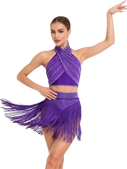 Women Tassel Chacha Samba Performance Rhinestone Dress Latin Dance Costume Fringe Salsa Dance Outfit