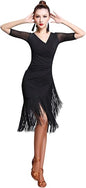 Women's Ballroom Dance Costume V Neck Pleated Long Fringed Tango Salsa Latin Dance Dress with Shorts