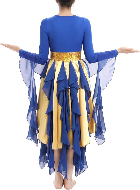 Metallic Praise Dance Dress for Women Asymmetrical Ruffle Overlay Liturgical Lyrical Worship Costume
