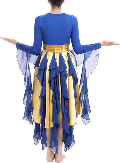 Metallic Praise Dance Dress for Women Asymmetrical Ruffle Overlay Liturgical Lyrical Worship Costume