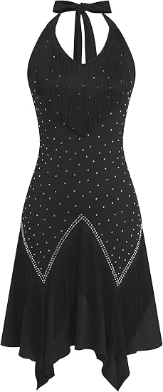 Rhinestone Fringe Latin Dance Dress for Women Tassel Halter Flapper Dresses 1920s Gatsby Handkerchief Salsa Dancing Costume