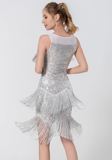 Women's Salsa Latin Dance Dress Glitter Sequin Fringe Flapper Party Ballroom Outfit