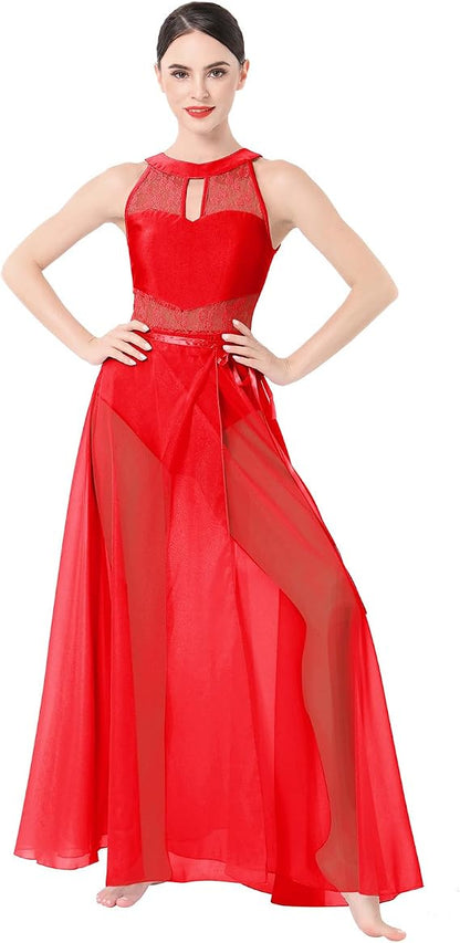 Lyrical Dance Costume for Women Lace Sleeveless Leotard Sheer Flowy Long Wrap Skirt 2pcs Outfit