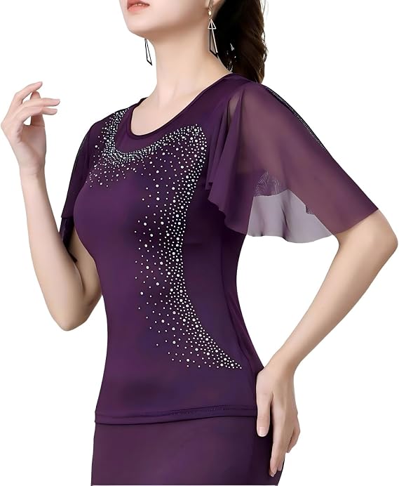 Women's Latin Dance Costume with Rhinestone Flared Sleeves, Stage Performance Ballroom Dancing Tops