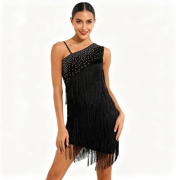 Asymmetric One Shoulder Latin Dance Dress for Women Rhinestones Fringe Dress 1920s Tassel Flapper Ballroom Dancewear